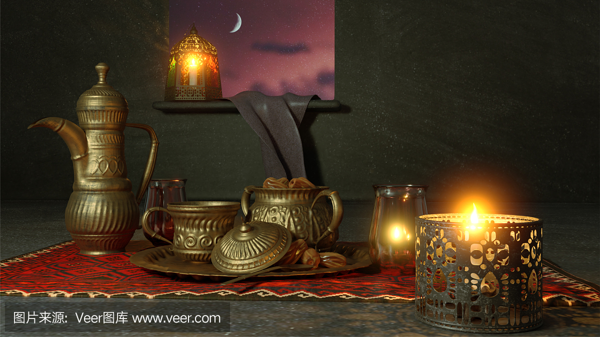 3D渲染的穆斯林节日器具元素和照明灯笼保持在窗口。夜空视图背景。